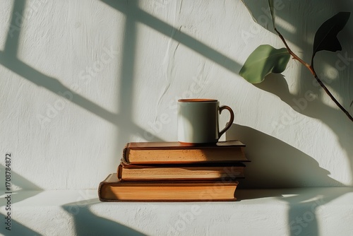 Warm Cup of Coffee Resting on Stacked Vintage Books With Soft Shadows From th...