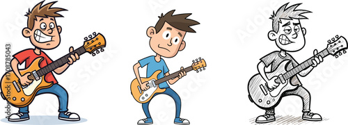 Cartoon boy playing guitar, electric guitar musician, rock performance, music character, funny guitarist, student practice, cartoon illustration, band performer, stage