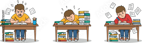 Cartoon boy studying homework, frustrated student with books, tired child writing, school stress, education problem, exam preparation, difficult learning challenge illustration