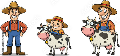 Cartoon farmer with cow illustration, funny farm character, happy livestock drawing, agriculture clipart, rural worker vector, dairy cattle cartoon, countryside design