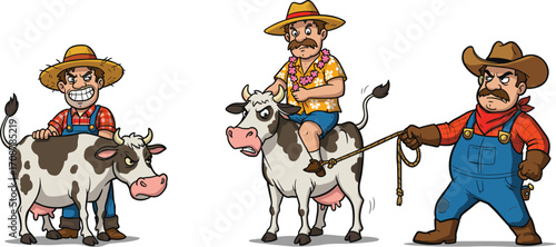 Cartoon farmer with cow illustration, angry cowboy character, dairy cattle drawing, livestock cartoon, rural agriculture clipart, countryside animal artwork, funny farm vector