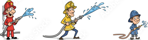 Cartoon firefighters spraying water hose, funny fireman characters, comic emergency rescue illustration, firefighter action artwork, vector fire safety drawing, emergency service