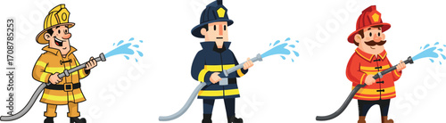 Cartoon firefighters spraying water, fireman holding hose, emergency rescue illustration, firefighter character artwork, vector fire safety design, firefighting cartoon heroes, comic fire rescue