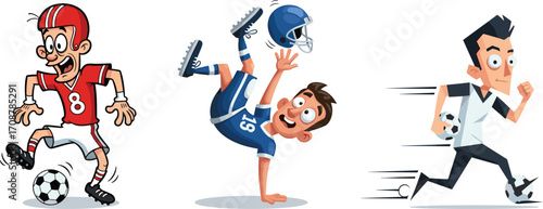 Cartoon football players, American football, soccer, running athlete, sports action, helmet toss, soccer dribbling, dynamic movement, sporty characters.