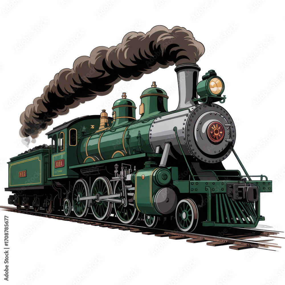 Fototapeta premium Detailed illustration of a vintage green steam locomotive emitting a large plume of smoke isolated on transparent background