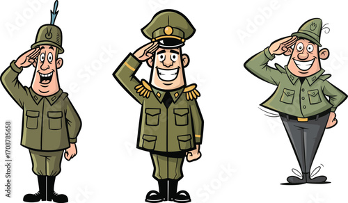 Cartoon officers saluting, military character illustration, funny soldier drawing, army salute cartoon, vector officer artwork, comic military design, soldier uniform, happy army character