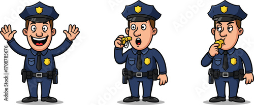 Cartoon police officer characters, funny policeman illustration, law enforcement comic artwork, cop blowing whistle, police uniform drawing, security service vector design