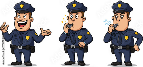 Cartoon police officer characters, funny cop illustration, law enforcement vector, policeman blowing whistle, security guard artwork, police uniform comic drawing