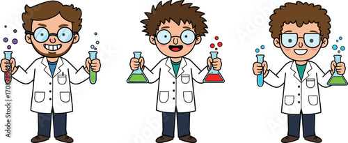 Cartoon scientist boy, chemistry experiment, laboratory test, happy kids in science class, learning chemistry with test tubes, beakers, colorful liquids illustration