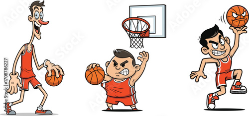 Funny cartoon basketball players, kids and adults playing basketball, dunking, dribbling, shooting, vector illustration for sports and game content