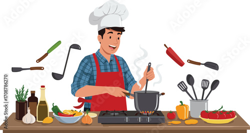 Happy chef cooking, kitchen utensils, fresh vegetables, cooking pot on stove, culinary art, professional chef, kitchen scene, food preparation, healthy ingredients, chef with apron