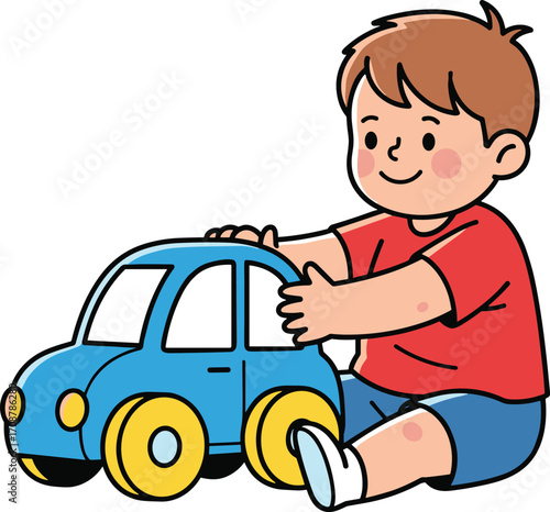 Happy child playing with toy car, toddler sitting on floor, fun activity, childhood development, colorful toy, indoor playtime, joy