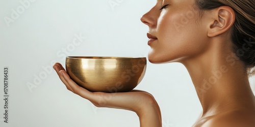 Woman holding a golden singing bowl close to face, highlighting serenity and relaxation.