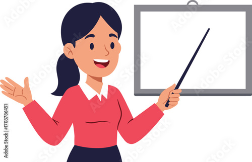 Smiling female teacher giving presentation, woman pointing at whiteboard, education training, classroom instruction, professional presenter, public speaking scene.