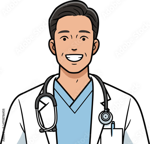 Smiling male doctor portrait, healthcare professional with stethoscope, medical expert, friendly physician, hospital staff, healthcare service, patient care, medical consultation.