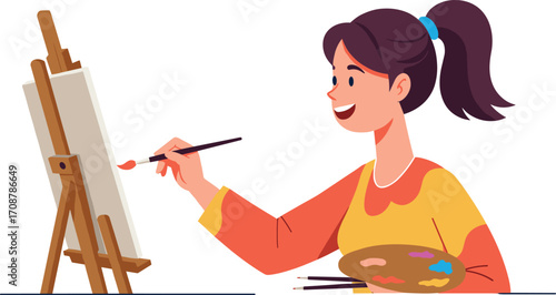 Young woman painting, artist with brush, creative female painter, colorful palette, easel artwork, smiling girl, hobby painting scene, artistic expression
