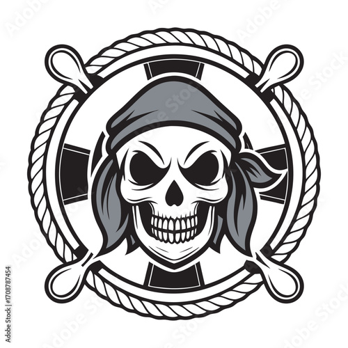 Pirate skull with bandana and crossed swords inside a ship's wheel vector illustration