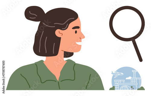 Woman in green shirt looking sideways near magnifying glass and airport building with flying airplane. Ideal for travel, exploration, curiosity, research, tourism, discovery, search. Simple flat