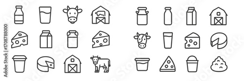 Collection of farm and dairy icons representing various milk and cheese products in a simple design