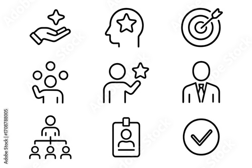 Symbols representing key concepts in personal development and goal achievement displayed in a simple grid layout