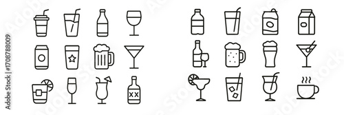 Variety of drink icons featuring cocktails, sodas, and coffee in a clean, simple design for diverse beverage themes