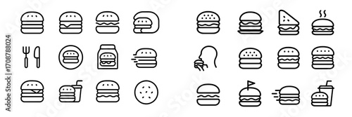 Various burger icons and symbols related to food eating and preparation in a simple design style