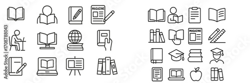 Collection of educational and learning icons depicting various activities and resources in a minimalist style