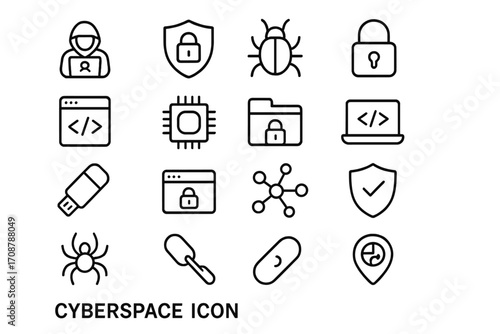 Collection of icons representing cybersecurity concepts and tools, focusing on digital safety and protection measures