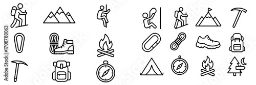 Collection of outdoor adventure icons depicting hiking, climbing, camping, and related activities
