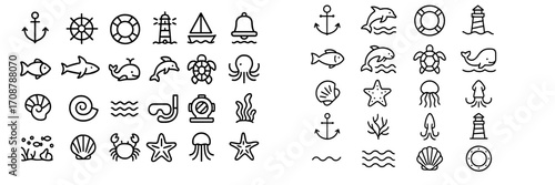 Collection of nautical icons featuring sea life and maritime symbols for creative projects and designs