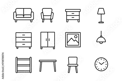Various furniture and home decor items arranged in a grid layout for interior design inspiration