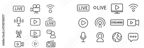 Streaming and live broadcasting icons in a simple line design for digital media use