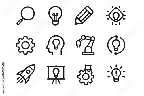Creative symbols representing innovation and brainstorming activities in a simple design style