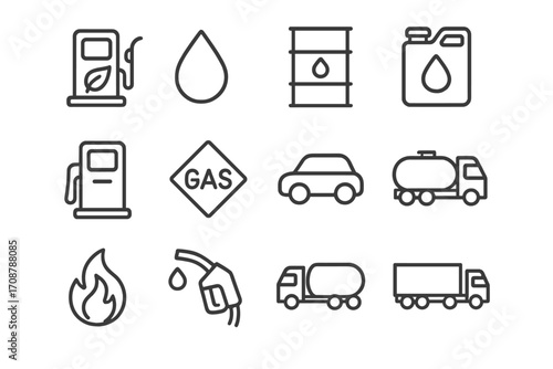 Icon set representing various fuel types, oil containers, and transportation methods used in the energy industry