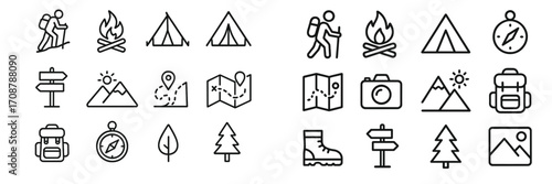 Hiking and camping icons illustrating outdoor adventure and exploration themes
