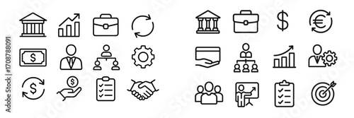 Variety of financial and business icons representing growth, investment, and services in a structured layout