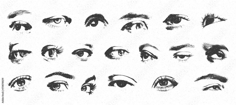 Fototapeta premium Monochrome Eyes Pack with Grunge Y2K Halftone Effect – Retro Photocopy Collage Elements. Y2K style with halftone stipple texture. Vintage zine layout and music poster illustration.