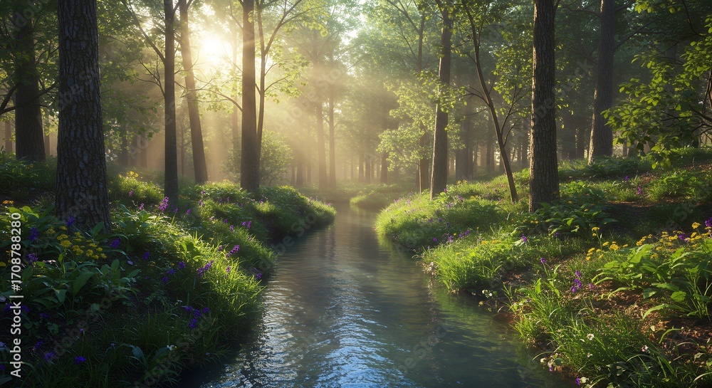 Obraz premium Sunlight streams through misty forest creek