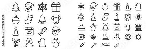 Collection of simple winter and holiday icons featuring Christmas symbols and decorations