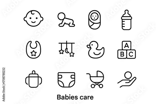 Icons showcasing essential items for baby care and child development activities