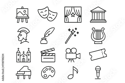 Art and performance icons representing various creative fields in a simple line design