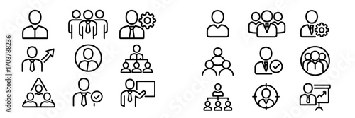 Collection of business icons representing teamwork, leadership, and professional interaction in a modern office setting
