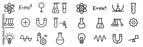 Collection of science symbols and formulas displayed in a clear and simple design for educational purposes in a classroom setting