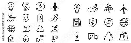 Icons representing renewable energy concepts and sustainable practices in a modern design style