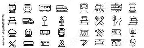 Various train and railway transportation icons designed for easy recognition and use in projects and applications