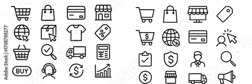 Collection of shopping icons representing e-commerce activities and online transactions in a minimalistic design
