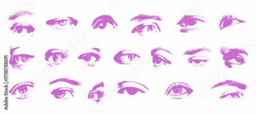 Monochrome Eyes Pack with Grunge Y2K Halftone Effect – Retro Photocopy Collage Elements. Y2K style with halftone stipple texture. Vintage zine layout and music poster illustration.
