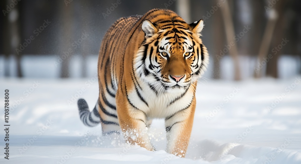 Obraz premium Majestic tiger walking through deep snow in a winter forest, showcasing its powerful presence