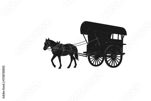 Silhouette Horse pulling cart. Traditional rural transportation
