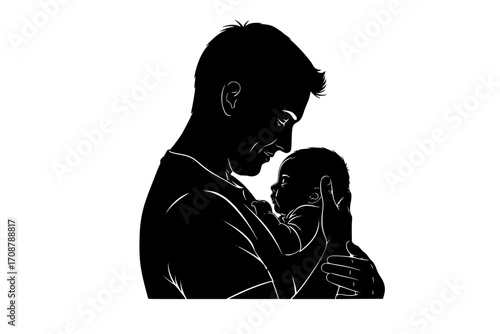 Silhouette happy father holding newborn little baby close up
